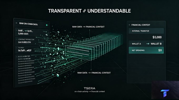 An infographic titled 'TRANSPARENT ≠ UNDERSTANDABLE' showing raw on-chain blockchain data being translated into financial context by 'TSERA', with an example internal transfer of $5,000 from Wallet A to Wallet B.