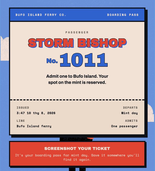 The image shows a boarding pass for "STORM BISHOP NO. 1011" for the Bufo Island ferry, admitting one passenger to Bufo Island on "Mint day." The post "Finally i get inn @THEBUFOS Are u in ??" suggests the user is excited about attending the event on Bufo Island.