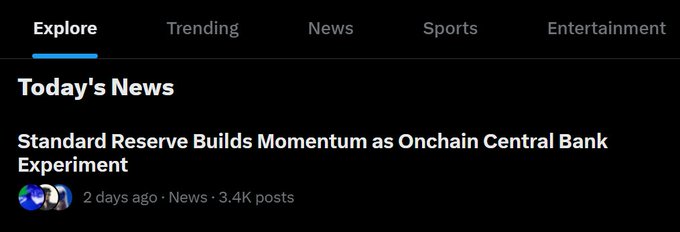 A dark-themed news interface showing tabs for Explore, Trending, News, Sports, and Entertainment, with a 'Today's News' headline reading 'Standard Reserve Builds Momentum as Onchain Central Bank Experiment' posted 2 days ago with 3.4K posts.