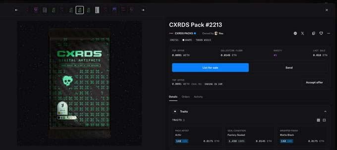 A digital marketplace interface showing 'CXRDS Pack #2213' with a collection floor of 0.0145 ETH and rarity rank #1, listed as 'CXRDS PACKS'.
