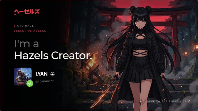 A digital profile card for 'LYAN' (@Lyann191) on the Hazels Creator platform, featuring anime-style artwork of a dark-haired character in front of a torii gate.
