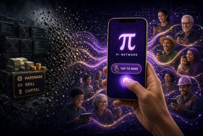 A promotional graphic for Pi Network showing a hand tapping a smartphone screen displaying the Pi logo and 'TAP TO MINE' button, alongside diverse users and the labels 'HARDWARE', 'SKILL', and 'CAPITAL'.