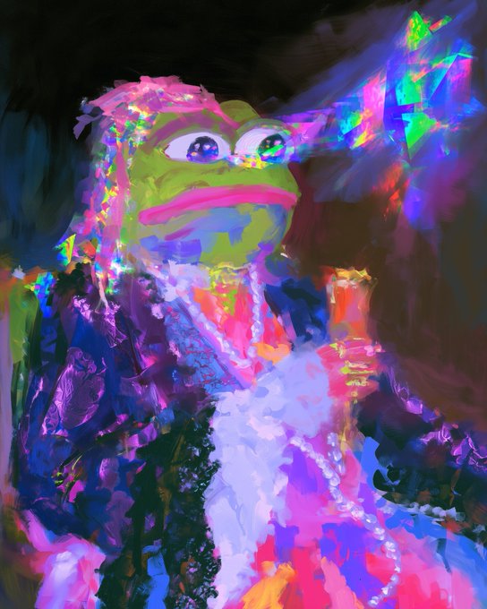 A vibrant, glitchy digital painting of the "Pepe the Frog" meme character rendered in psychedelic neon colors with pixelated distortions, showcased as an NFT artwork being auctioned on the networked.art platform. The psychedelic style and glowing, fragmented aesthetic reflect the meme's status as a coveted collectible in the digital art community.