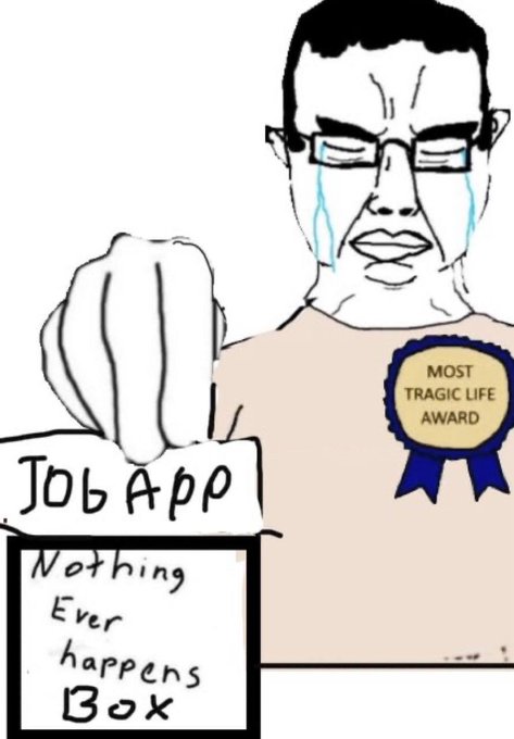 A man with glasses, wearing a blue ribbon and holding a white sign reading "JOBSAPP" is shown crying while holding a punchline joke.