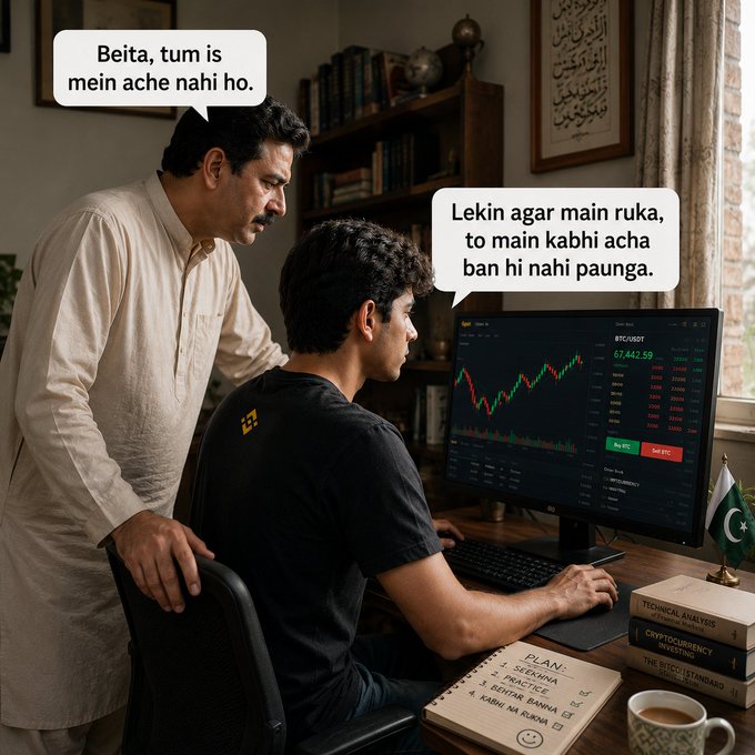 A father stands beside his young son as he analyzes a Bitcoin/USD chart showing $67,442.50, with a Pakistani flag, technical analysis books on cryptography and technical analysis, and a handwritten plan marked with success criteria visible on the desk. The caption reads: "Beita, tum is mein ache nahi ho," and "Lekin agar main ruka, to main kabhi acha ban hi nahi paunga," reflecting the post's message about how every great victory is backed by the decision to never stop.