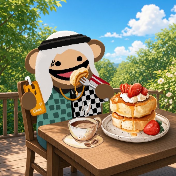 A 3D-style illustration of a bear-like character wearing a keffiyeh and white head covering, eating pancakes with strawberries while holding a 'Choc' drink in an outdoor setting.