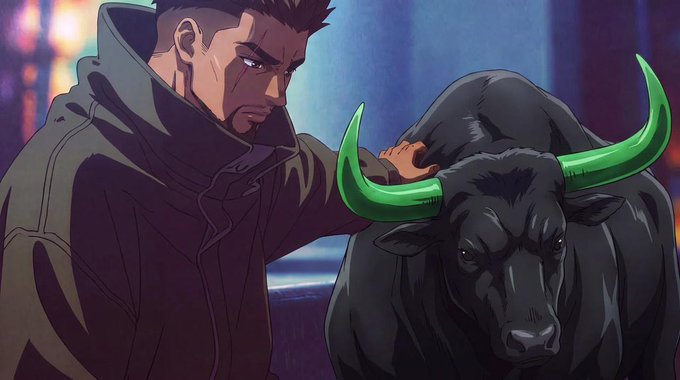 An animated illustration of a serious-looking man with dark hair and a goatee standing next to a large black bull with glowing green horns in a nighttime urban setting.