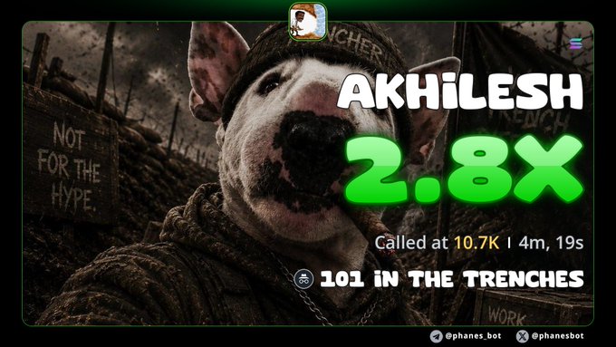 A promotional graphic features a dog in medieval-style garb with the text "AKHILESH 2.8X Called at 10.7K" and "101 IN THE TRENCHES," referencing @phanes.bot.