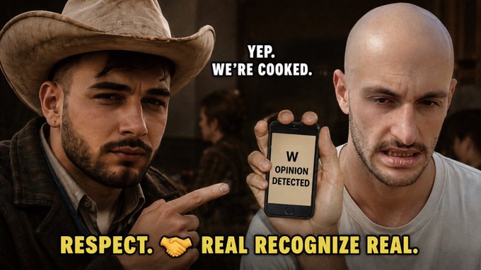 A meme featuring two men, with one pointing at the other holding a phone displaying 'W OPINION DETECTED', captioned 'YEP. WE'RE COOKED.' and 'RESPECT. REAL RECOGNIZE REAL.'