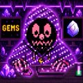 The image shows a pixel-art character with a menacing grin in a purple-lit cave filled with crystals, alongside "GEMS" and gem icons—visually representing the Alpha Gems Web3 community highlighted in the caption.