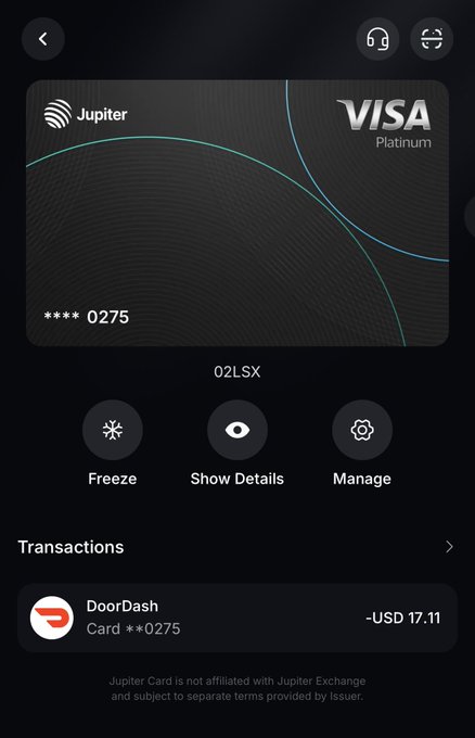 A mobile banking app screen displays a Jupiter Visa Platinum card with '02LSX' details and a recent DoorDash transaction of -USD 17.11.