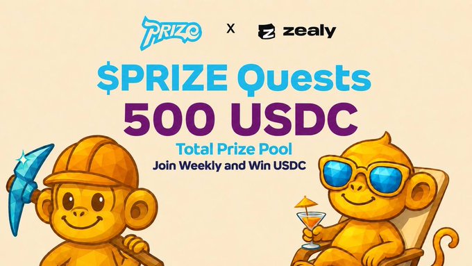 Two cartoon monkeys in mining gear flank a promotional banner for a collaboration between Prize Protocol and Zealy, advertising a "$PRIZE Quests" campaign with a 500 USDC total prize pool where users can join weekly to win USDC. The image complements the post's announcement of a new $PRIZE Sprint, visually emphasizing the fun, gamified nature of recycling worthless memecoins for rewards through Prize Protocol's leaderboard system.