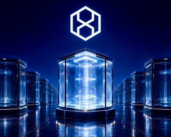 A futuristic, sci-fi image showing rows of transparent, glowing blue hexagonal display cases on a reflective floor, with a white geometric logo centered above them against a dark blue background.