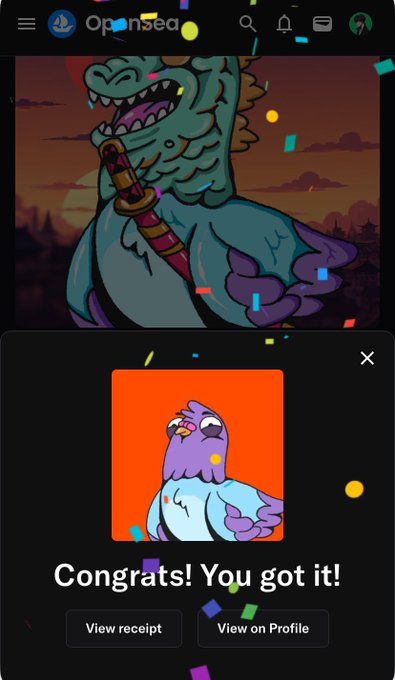 An OpenSea NFT purchase confirmation screen showing a cartoon blue monster character with the text 'Congrats! You got it!' and buttons to view receipt or profile.