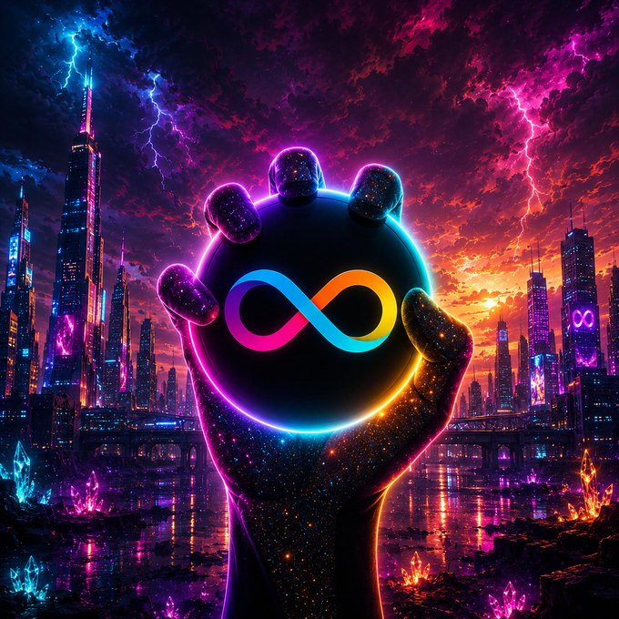 The image features a hand holding a neon ball with an "I" symbol, which appears to be glowing against the dark background of a city skyline at night. The caption reads "JUST. USE. $ICP", suggesting that this image is related to a social media post or advertisement promoting a product or service.