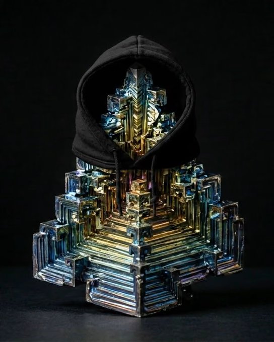A crystalline sculpture of iridescent blue and gold geometric structures wearing a black hoodie, photographed against a dark background.