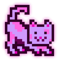 A pixel art sticker of a purple and pink cat with a curled tail against a white background.