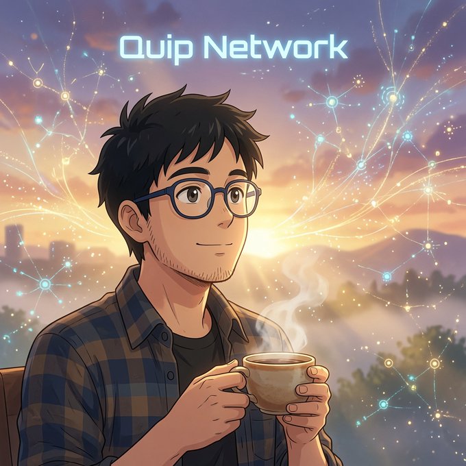 An anime-style illustration shows a bespectacled young man with dark hair enjoying a steaming cup of coffee at sunset, surrounded by glowing constellation-like network nodes, with "Quip Network" displayed in neon blue text at the top—visually capturing the relaxed, thoughtful tone of the post as the user unwinds while reading through Quip Network's accessible quantum technology documentation.