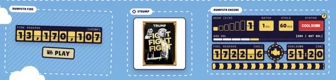 A digital interface for the 'DUMPSTR FIRE' game showing a fuel reserve of 13,170, a play button, a Trump 'FIGHT FIGHT FIGHT' NFT card, and engine stats including a 204/507 SOL bar with 07226 fuel reserve and 31:20 cooldown timer.