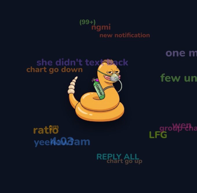 A digital illustration shows a cartoon snake with a lollipop and an oxygen tank labeled 'CO2 PUMP' surrounded by various chat messages like 'she didn't text back', 'chart go down', 'new notification', and 'REPLY ALL'.