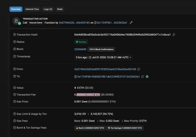 This blockchain transaction shows a successful "Execute Game" call with a transaction fee of $0.00585, supporting the claim that @stompdotgg games are clearing under $0.005 in tx fees.
