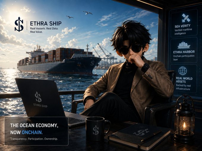 Promotional advertisement for 'ETHRA SHIP' featuring a young man with sunglasses working on a laptop with a cargo ship and ocean in the background, with text 'Real Vessels. Real Data. Real Value.' and 'THE OCEAN ECONOMY, NOW ONCHAIN. Transparency. Participation. Ownership.' along with features 'SEA VERITY', 'ETHRA HARBOR', and 'REAL WORLD ASSETS'.