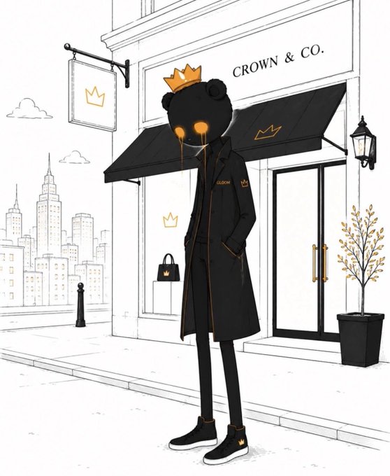 An illustration of a character with a black crown-wearing head and glowing orange eyes wearing a long black coat, standing outside a storefront labeled "CROWN & CO." with crown motifs.