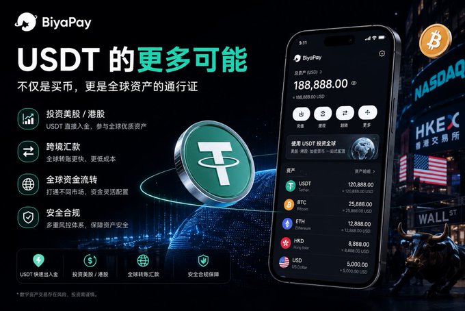 A promotional graphic for BiyaPay highlighting USDT's versatility, featuring a smartphone displaying an account balance of 188,888.00 USD and assets including USDT (120,888.00), BTC (25,888.00), ETH (12,888.00), HKD (8,888.00), and USD (5,000.00), with text promoting USDT as more than just a cryptocurrency for buying coins but a "global asset passport" for investing in US/HK stocks, cross-border remittance, and global fund flows. The image visually supports the post's message about putting idle USDT to work rather than letting it sit unused in a wallet, showcasing its potential for diverse financial applications.