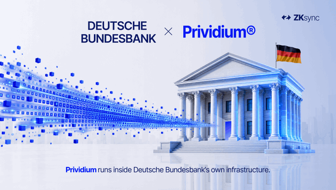 A promotional graphic showing 'DEUTSCHE BUNDESBANK x Prividium' with a neoclassical building, a German flag, and the text 'Prividium runs inside Deutsche Bundesbank's own infrastructure.'
