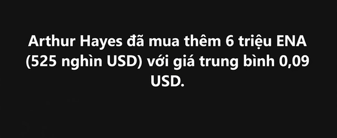 The image displays the text: "Arthur Hayes đã mua thêm 6 triệu ENA (525 nghìn USD) với giá trung bình 0,09 USD," which translates to "Arthur Hayes bought an additional 6 million ENA ($525,000) at an average price of $0.09 USD." This reinforces the post's mention of his new $525K bet on 6 million ENA tokens.