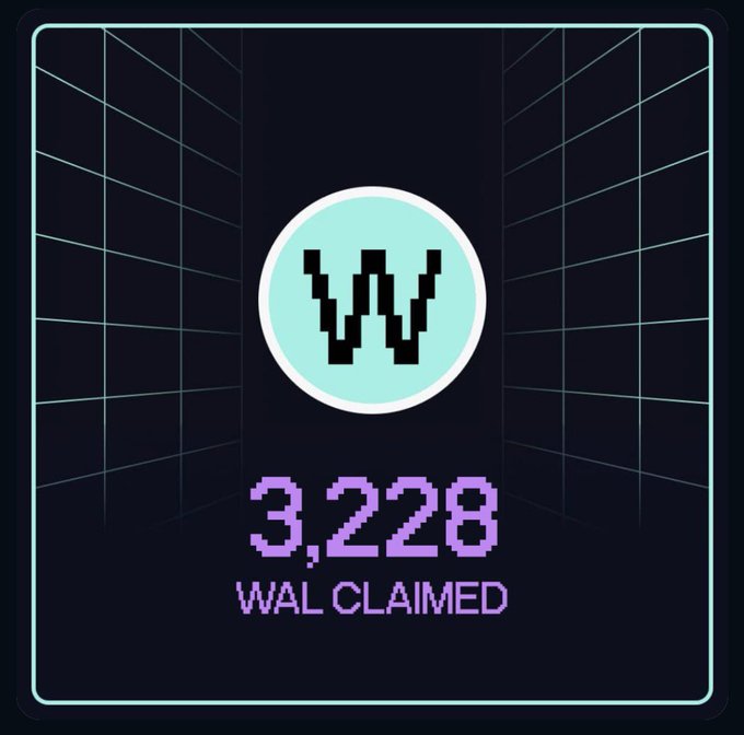 The image displays a pixel-art achievement notification showing "3,228 WAL CLAIMED" with a stylized "W" logo, representing the modest rewards the poster received from the WAL airdrop despite their difficult farming conditions without a laptop and limited phone capabilities.