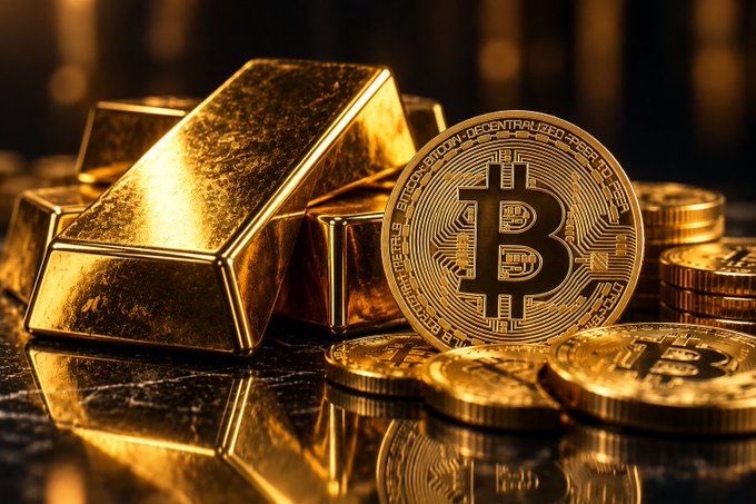 A stylized image of stacked gold bars alongside gold Bitcoin coins on a reflective dark surface.