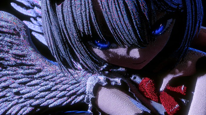A close-up of an anime-style character with dark hair and blue eyes, showing a textured fabric bow detail in red and dark blue.