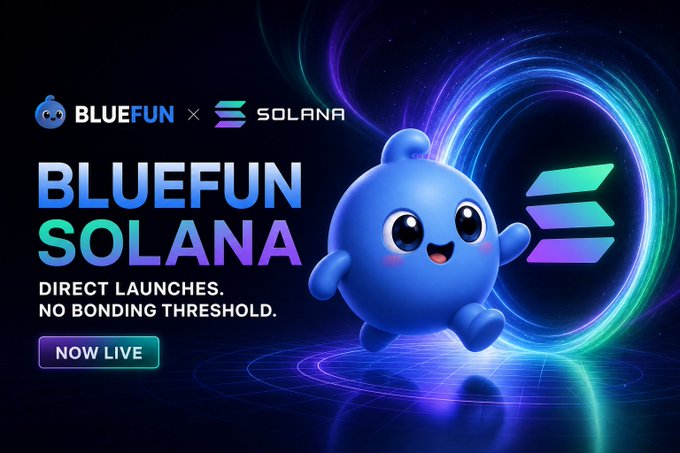 A promotional graphic for "BLUEFUN SOLANA" featuring a blue cartoon mascot announcing direct launches with no bonding threshold, now live.