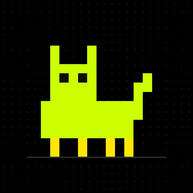 A simple pixel-art graphic of a lime green cat-like creature with four yellow legs standing on a line against a black background with faint dots.