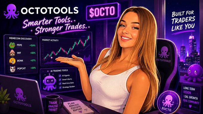An advertisement for "OCTOTOOLS" with the slogan "Smarter Tools, Stronger Trades," featuring a smiling woman, trading screens showing meme coin data (PEPE, WIF, BONK, POPCAT), and the ticker "$OCTO."