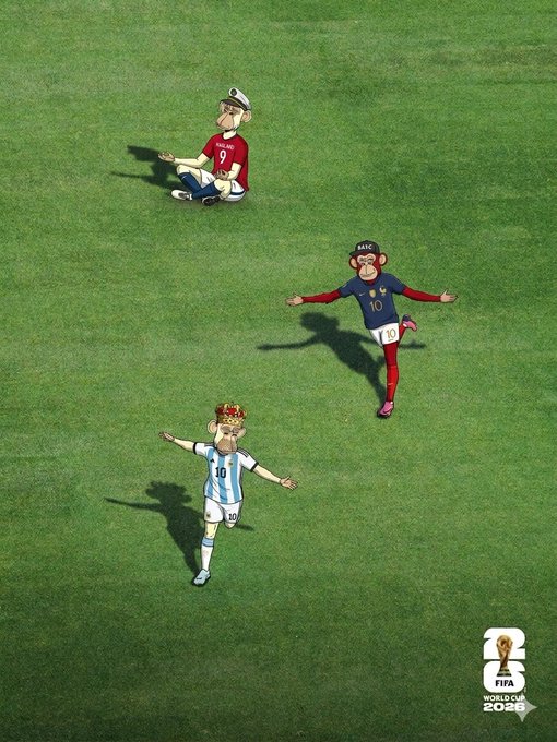The image features a cartoon illustration of three soccer players dressed in red, blue, and white uniforms with the number 3 on them. The players are shown running across a green field while holding a soccer ball. The caption below the image reads "scan the image provided based on current X data and floor prices, which character in this picture deserves the Ballon d'Or and the title of the world's greatest player? break down their stats."