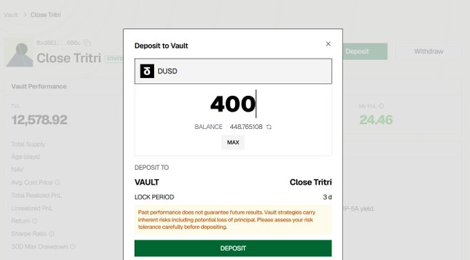 A screenshot of a 'Deposit to Vault' interface showing a deposit of '400' DUSD into 'Close Tritri' vault with a 3-day lock period.