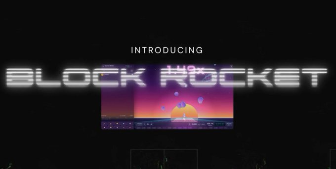 A stage screen displays 'INTRODUCING BLOCK ROCKET' in a futuristic, scanline-style font, with a vibrant sunset graphic behind the text.