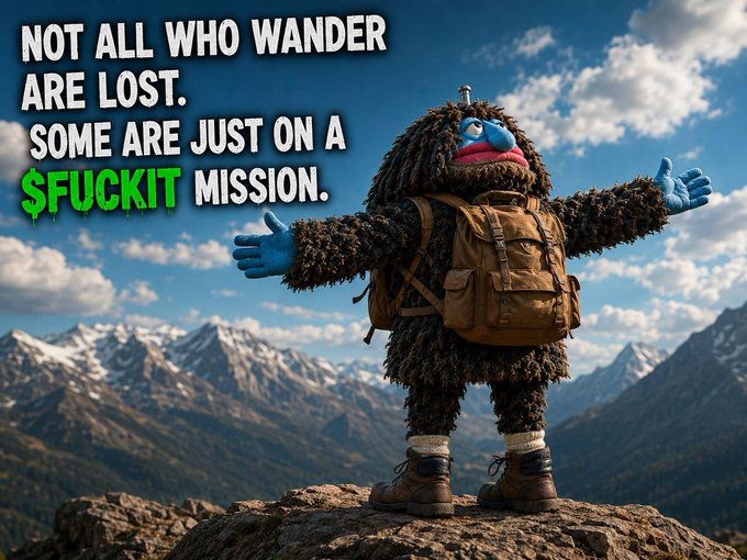 A character dressed as a furry traveler stands on a mountain peak with a backpack, representing the '$FUCKIT MISSION.' This image is tied to the launch of the $FUCKIT memecoin on Solana, emphasizing community backing, developer integrity, and potential for high returns.