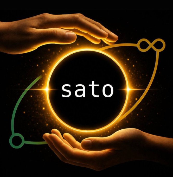 A digital artwork shows two hands holding a glowing, fiery golden ring containing the word 'sato', accompanied by a green and yellow orbital line on a dark, starry background.