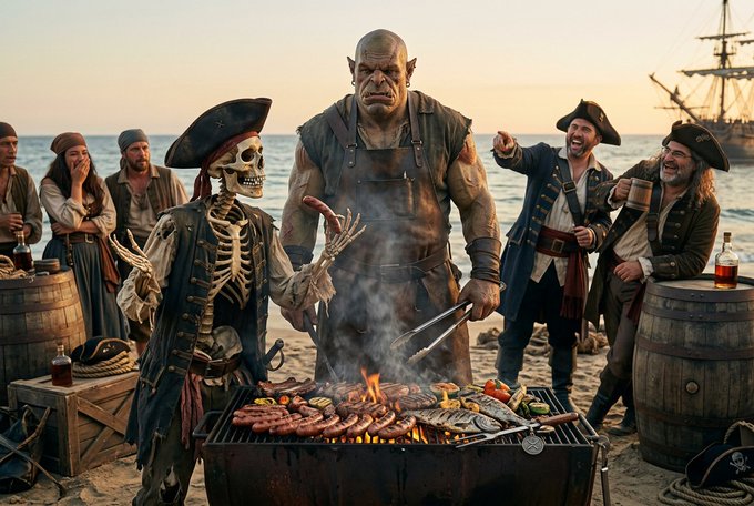 A humorous pirate beach barbecue scene shows a skeleton cook grilling sausages and fish beside a large ogre-like sailor, while other pirates laugh and drink. Wooden barrels, crates, and a tall-masted ship are visible in the background.