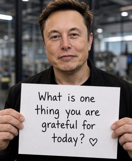 A man holds a handwritten sign reading "What is one thing you are grateful for today? ♥" in what appears to be an industrial or factory setting, tying into the post's theme of gratitude by posing the same reflective question to viewers.