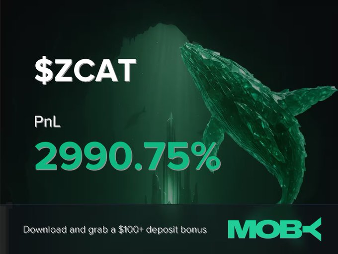 Promotional graphic featuring a large green whale alongside "$ZCAT" and a "PnL 2990.75%" in glowing green text, with "MOBY" branding and a "$100+ deposit bonus" offer displayed below. The whale imagery and massive gain percentage visually emphasize the high-profit trading win highlighted in the post about a Moby trader closing a $ZCAT position with a 2990.75% return.