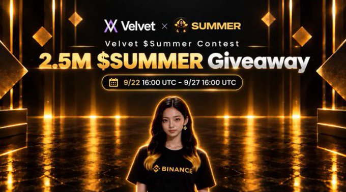 A promotional banner for 'Velvet x SUMMER' contest featuring a '2.5M $SUMMER Giveaway' running from 9/22 to 9/27, showing a woman in a black 'BINANCE' t-shirt against a golden stage background.