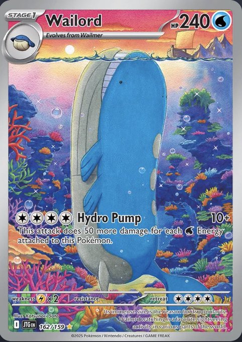 The image shows a "Wailord" Pokémon trading card (Stage 1, HP 240) featuring the attack "Hydro Pump" that deals 10+ damage with 50 additional damage per Water Energy attached, illustrating the creature's immense size as it swims past a small boat.

The card likely relates to the post's claim of a "20,000x" return on Dicey, as Wailord is one of the largest Pokémon in the game, fitting the theme of something massive and powerful bringing an enormous payout.