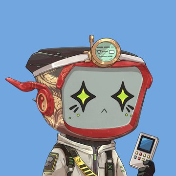 An astronaut character wearing a helmet and space suit has glowing green star-shaped eyes, holds a small device, and wears a patch reading 'SUPER', against a blue background.