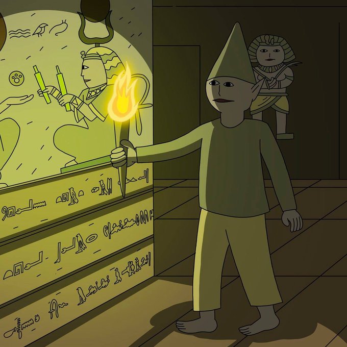 An animated illustration of a character with a pointed hat holding a lit torch in an Egyptian-themed room with hieroglyphics on the walls.