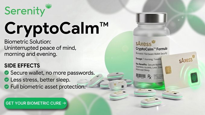 An advertisement for 'Serenity CryptoCalm' by sAxess, a 'Biometric Solution' promising 'Secure Wallet, no more passwords' and 'Full biometric asset protection', with a 'GET YOUR BIOMETRIC CURE' button.