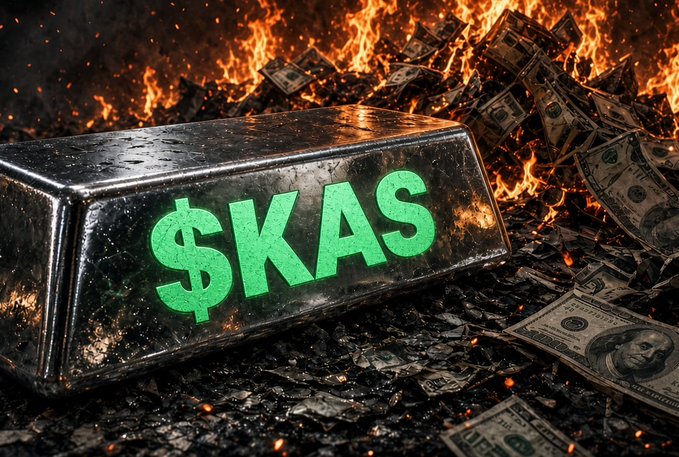 A dramatic 3D rendering of a metallic silver bar engraved with "$KAS" in glowing green text, sitting on burning cash and ashes surrounded by flames.